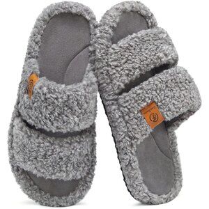 ⚡Women's Cool Gray Fuzzy Open Toe Slippers Soft Comfy Memory Foam House Shoes